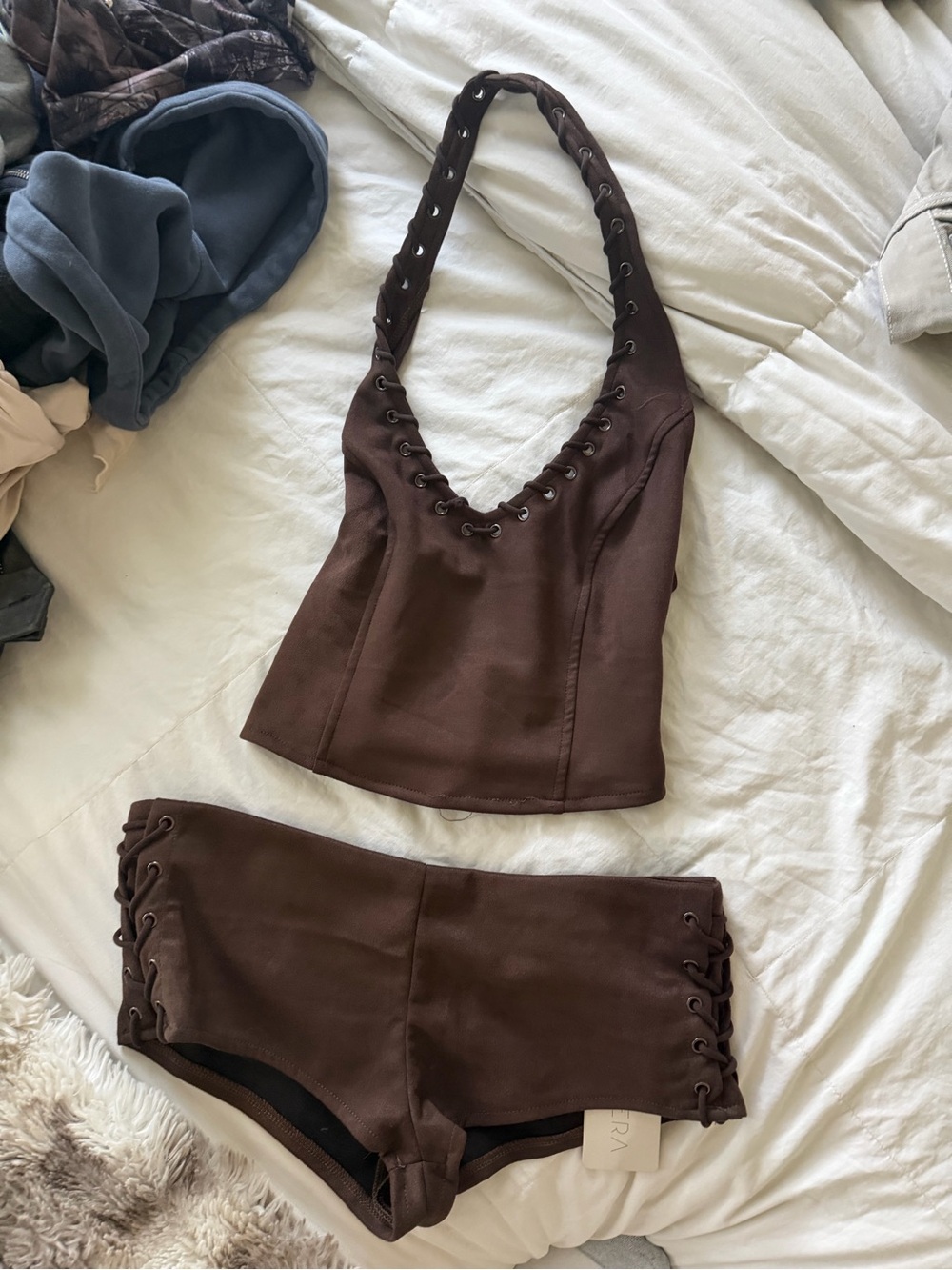 Brown Lace-Up Halter Top and Shorts Set